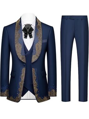 Navy Blue Embellished 3-Piece Tuxedo with Gold Accent Detailing